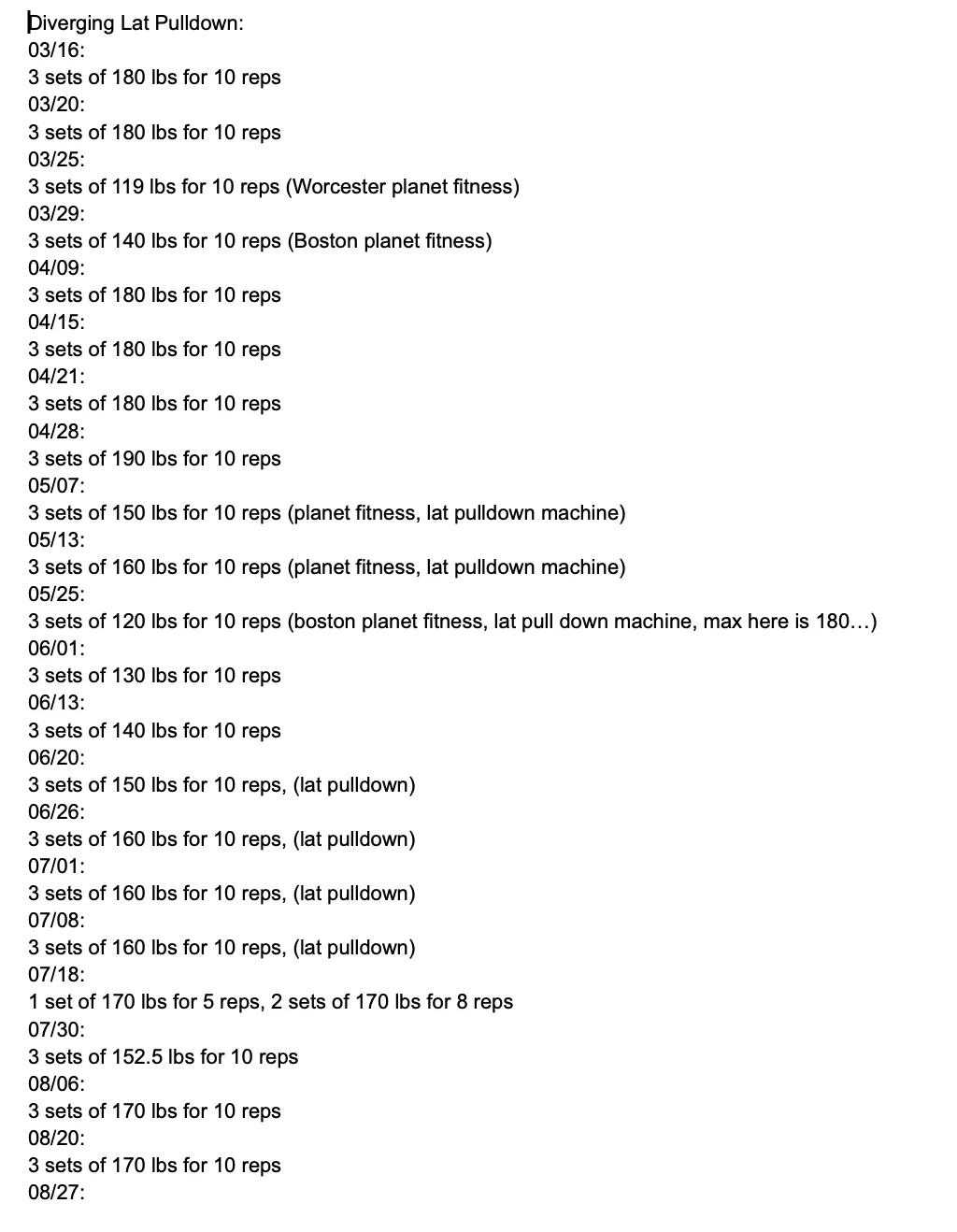 workout log tracking weight, reps, and sets per exercise